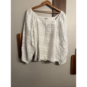 Ann Taylor White Black Striped Square Neck Puff Sleeve Top Size Medium Petite